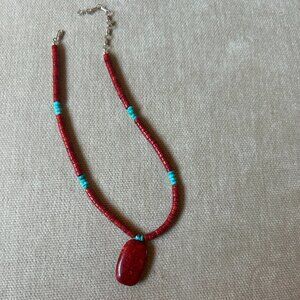 Native American Style - Turquoise and Coral Necklace with "Coral" Pendant